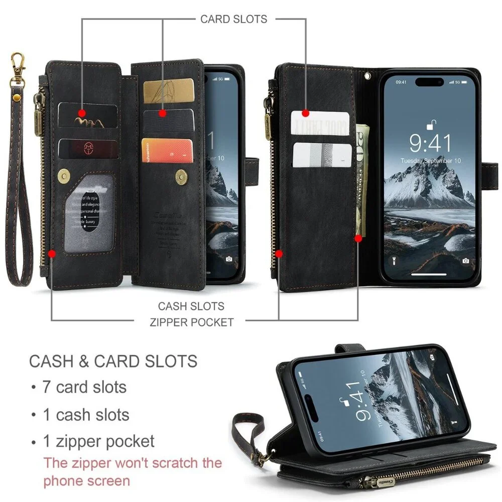 CaseMe C30‎ For iPhone 15 Pro Max Multifunctional PU Leather Phone Case
